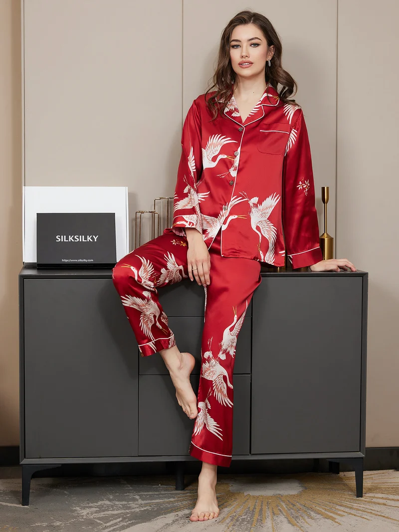 19 Momme 100% Maulbeerseide Damen-Langarm-Pyjama-Set mit Kranichmuster