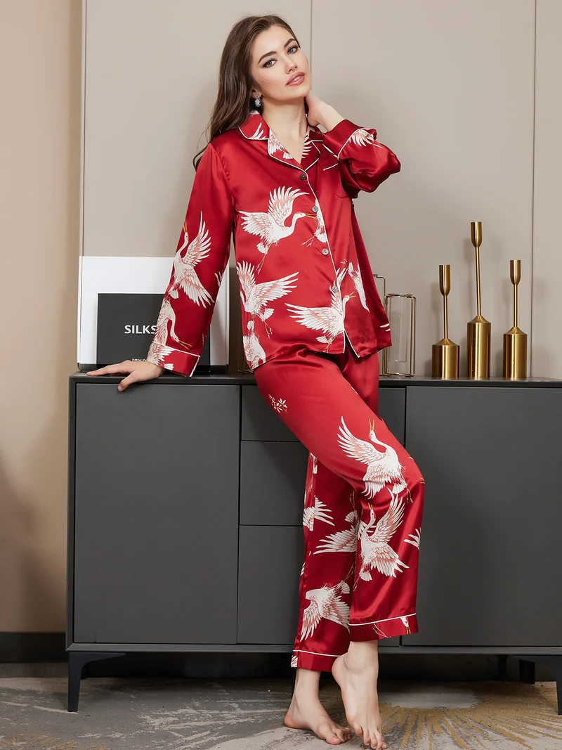19 Momme 100% Maulbeerseide Damen-Langarm-Pyjama-Set mit Kranichmuster