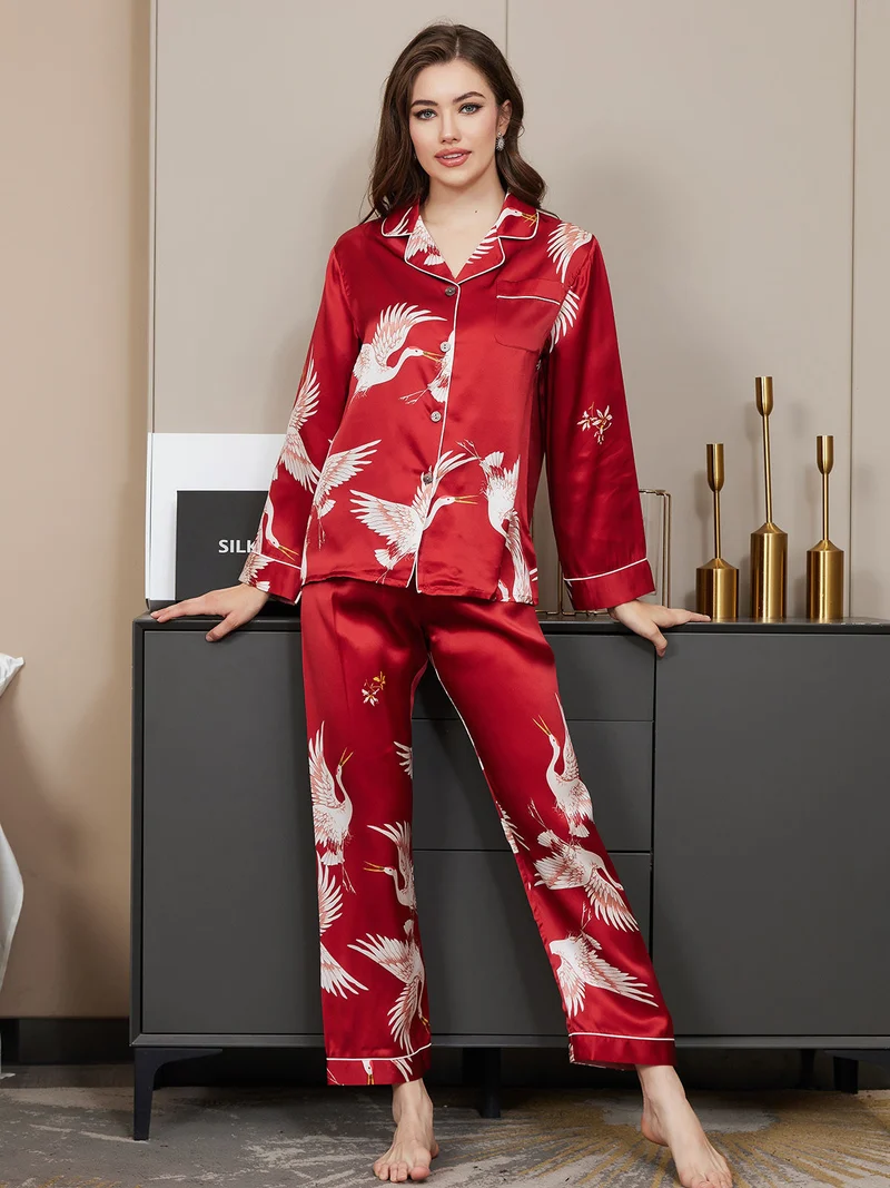 19 Momme 100% Maulbeerseide Damen-Langarm-Pyjama-Set mit Kranichmuster