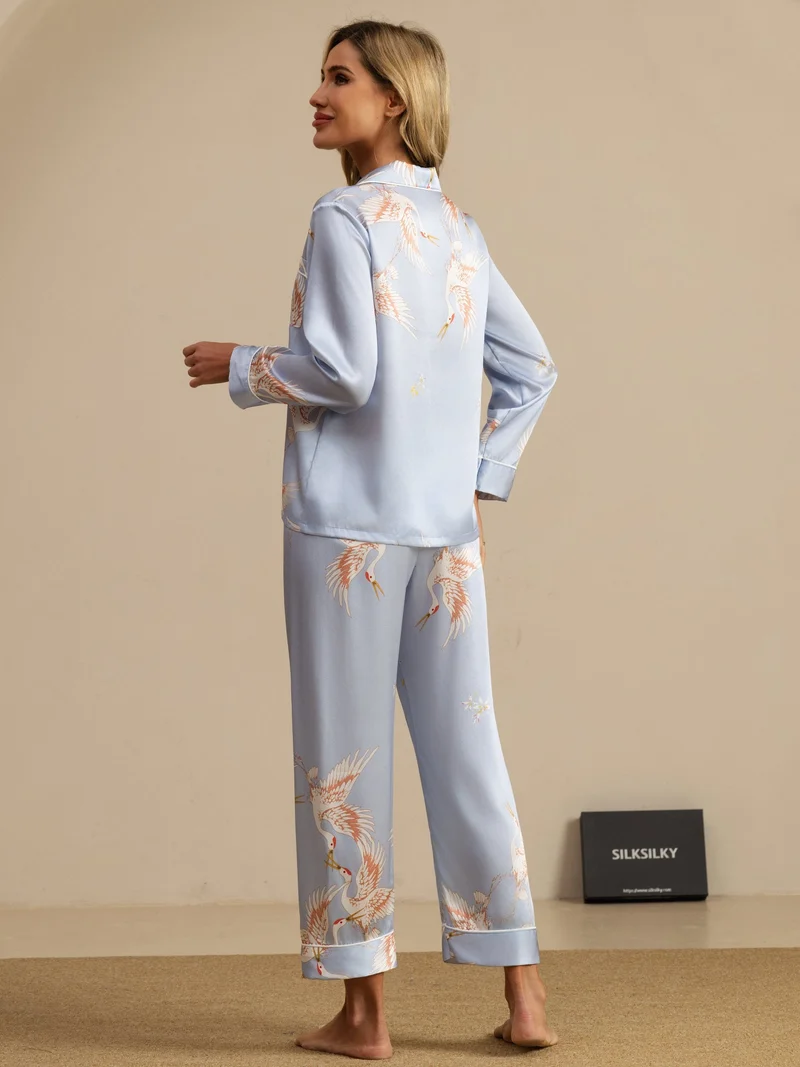 19 Momme 100% Maulbeerseide Damen-Langarm-Pyjama-Set mit Kranichmuster