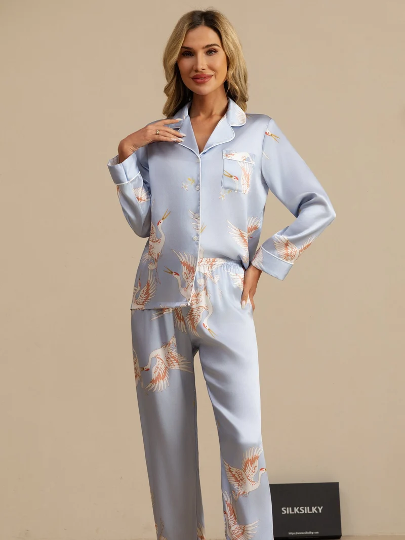 19 Momme 100% Maulbeerseide Damen-Langarm-Pyjama-Set mit Kranichmuster