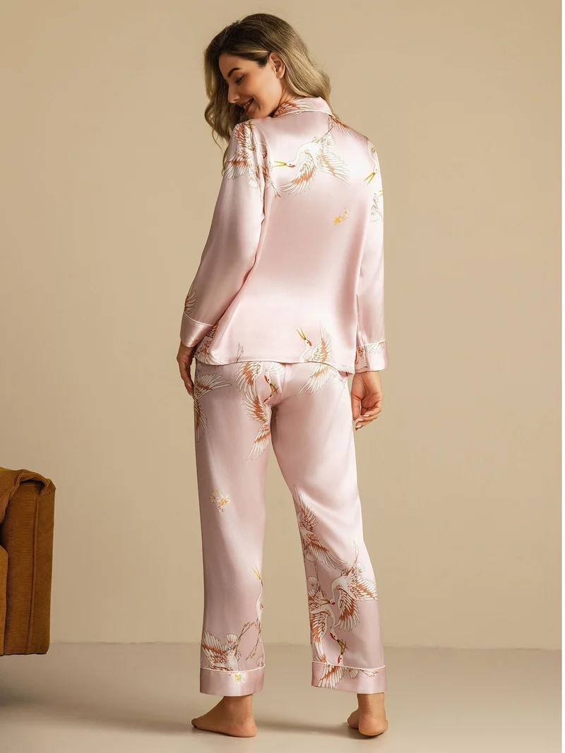 19 Momme 100% Maulbeerseide Damen-Langarm-Pyjama-Set mit Kranichmuster