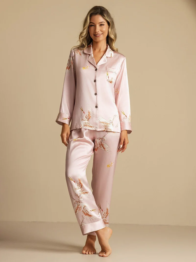 19 Momme 100% Maulbeerseide Damen-Langarm-Pyjama-Set mit Kranichmuster