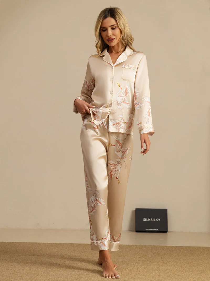 19 Momme 100% Maulbeerseide Damen-Langarm-Pyjama-Set mit Kranichmuster