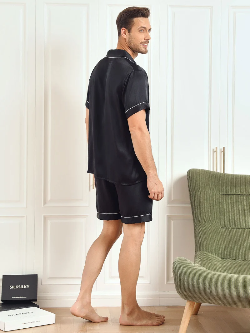 100% Maulbeerseide Herren-Kurzarm-Pyjama-Set mit Reverskragen und Shorts