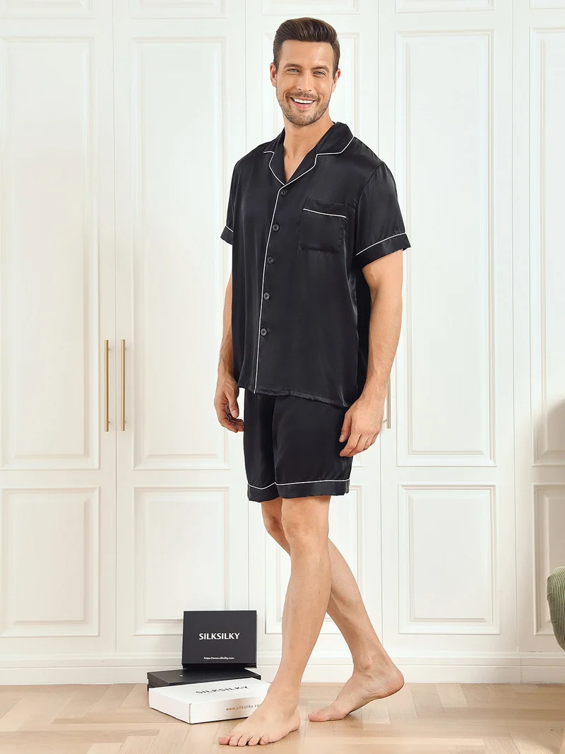 100% Maulbeerseide Herren-Kurzarm-Pyjama-Set mit Reverskragen und Shorts