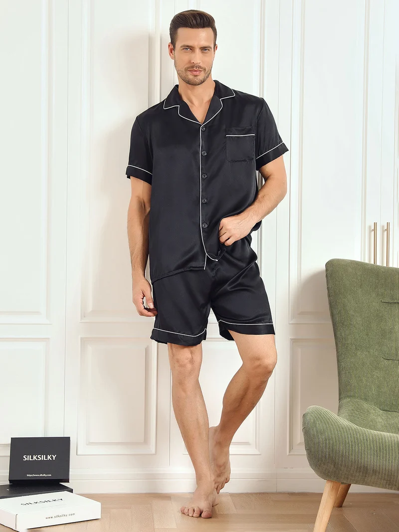 100% Maulbeerseide Herren-Kurzarm-Pyjama-Set mit Reverskragen und Shorts