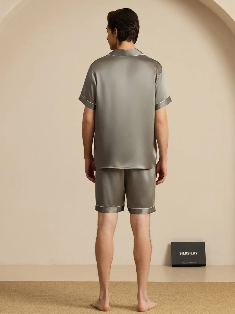 100% Maulbeerseide Herren-Kurzarm-Pyjama-Set mit Reverskragen und Shorts