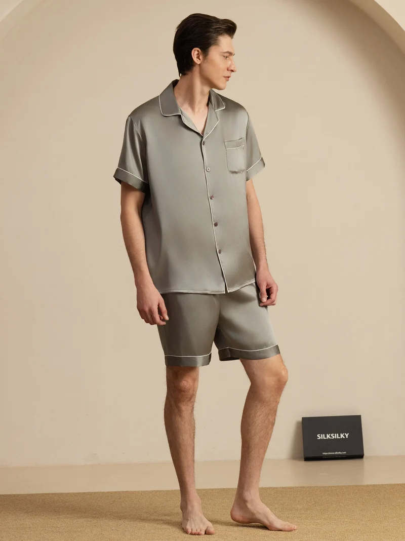 100% Maulbeerseide Herren-Kurzarm-Pyjama-Set mit Reverskragen und Shorts