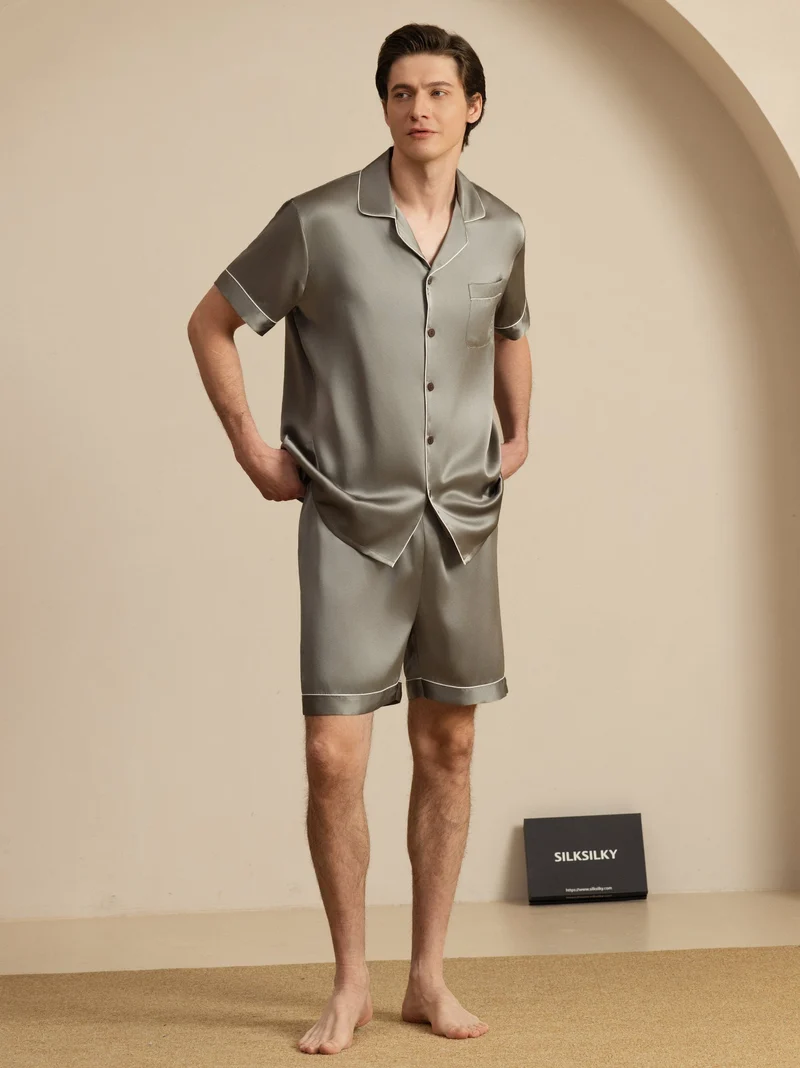 100% Maulbeerseide Herren-Kurzarm-Pyjama-Set mit Reverskragen und Shorts