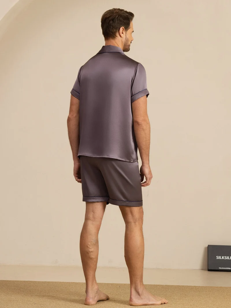 100% Maulbeerseide Herren-Kurzarm-Pyjama-Set mit Reverskragen und Shorts