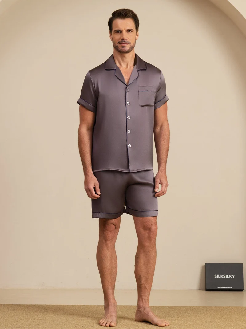 100% Maulbeerseide Herren-Kurzarm-Pyjama-Set mit Reverskragen und Shorts
