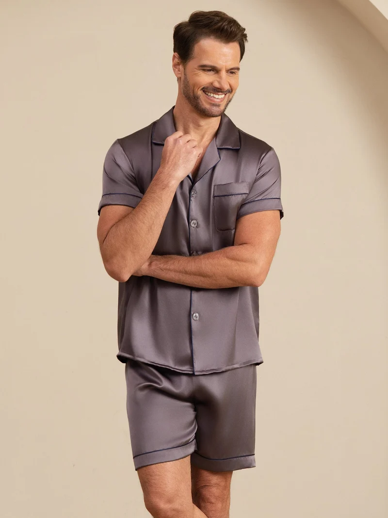 100% Maulbeerseide Herren-Kurzarm-Pyjama-Set mit Reverskragen und Shorts