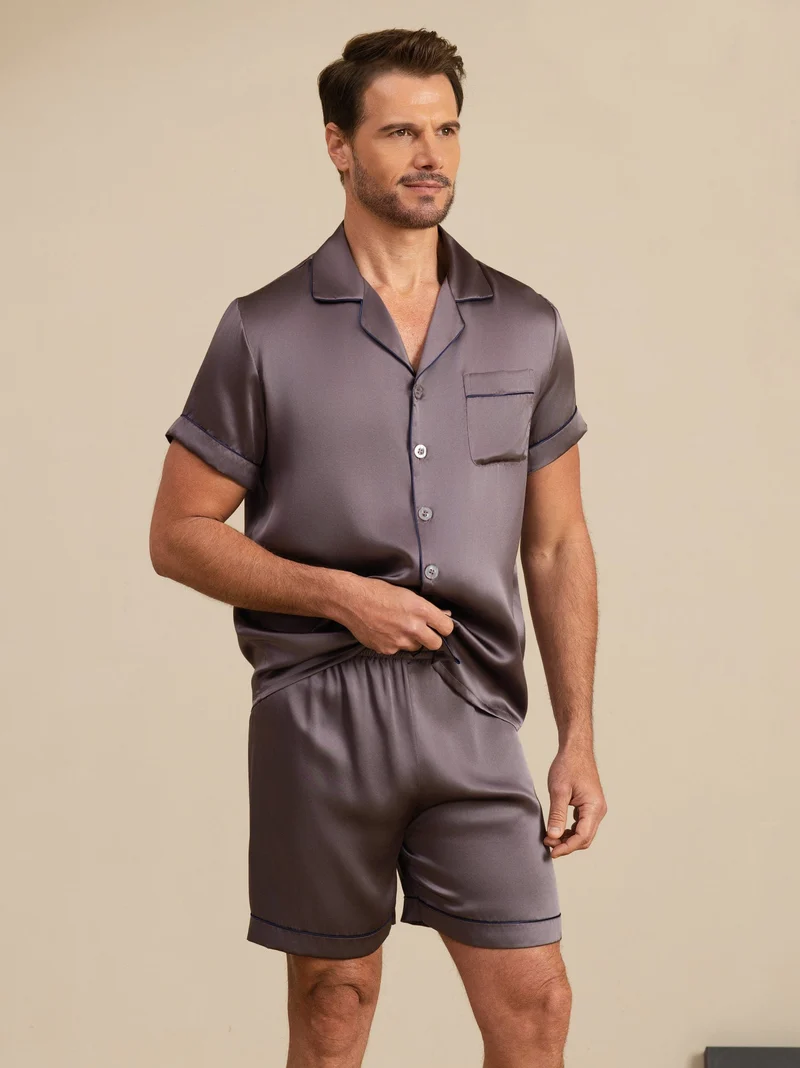 100% Maulbeerseide Herren-Kurzarm-Pyjama-Set mit Reverskragen und Shorts