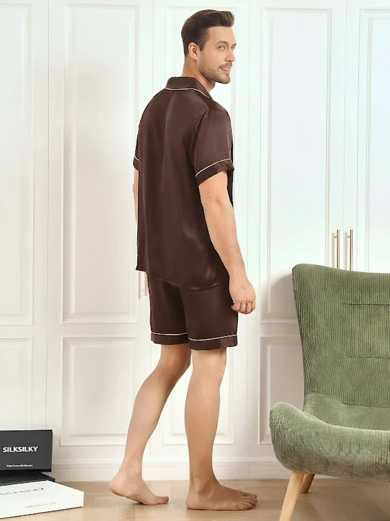 100% Maulbeerseide Herren-Kurzarm-Pyjama-Set mit Reverskragen und Shorts