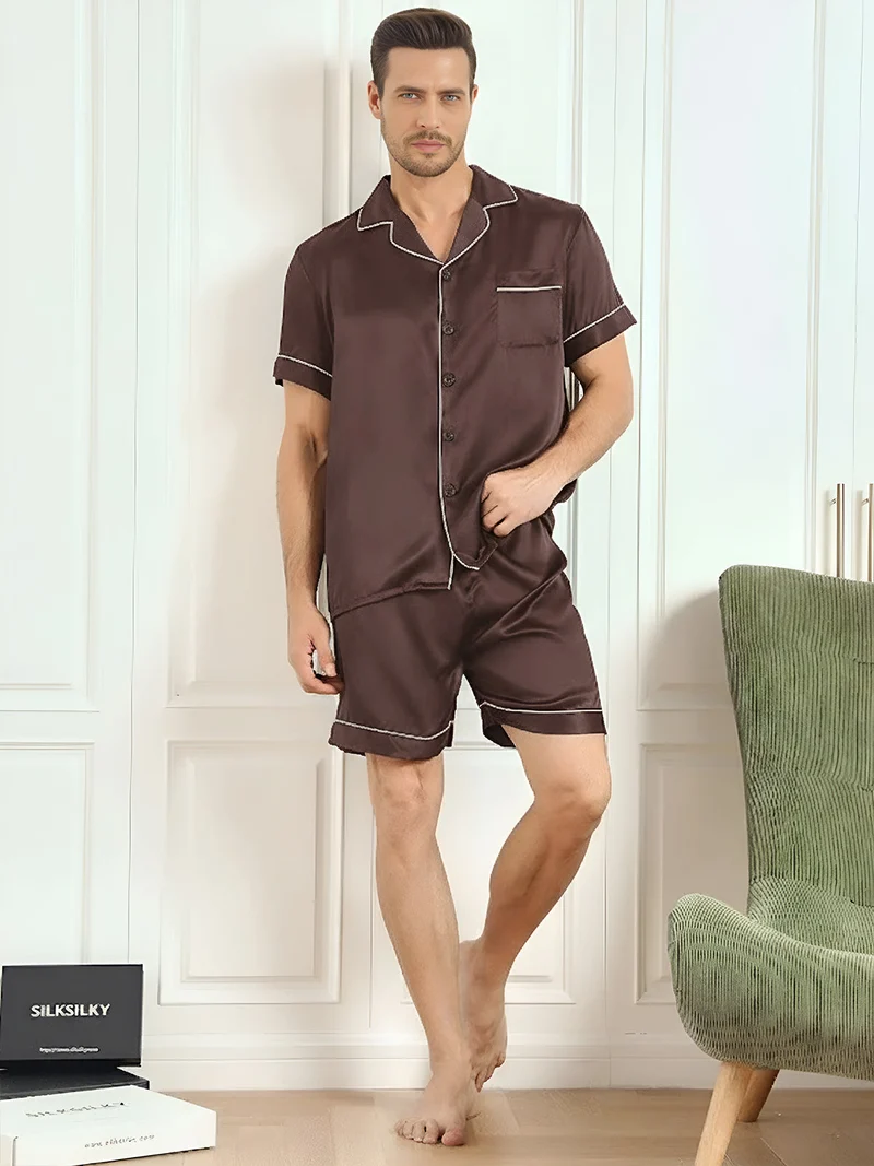 100% Maulbeerseide Herren-Kurzarm-Pyjama-Set mit Reverskragen und Shorts