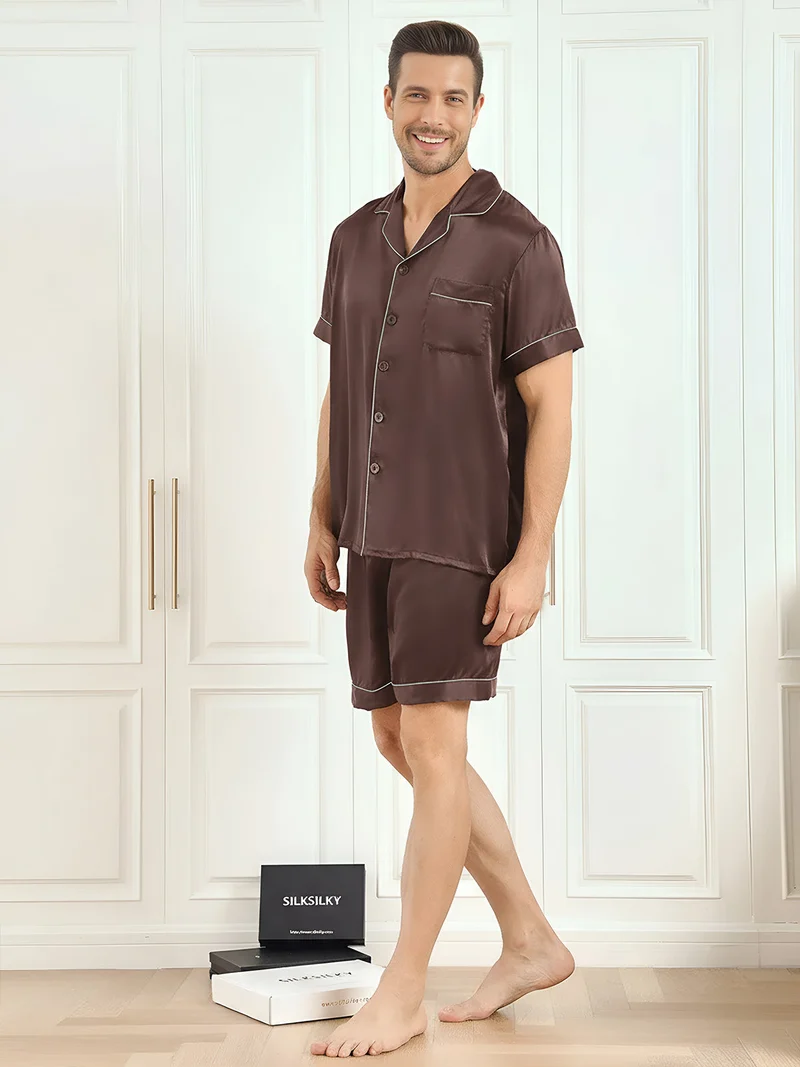 100% Maulbeerseide Herren-Kurzarm-Pyjama-Set mit Reverskragen und Shorts