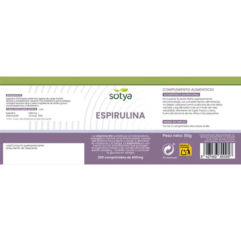 Sotya Spirulina + B12 400 Mg , 200 capsules
